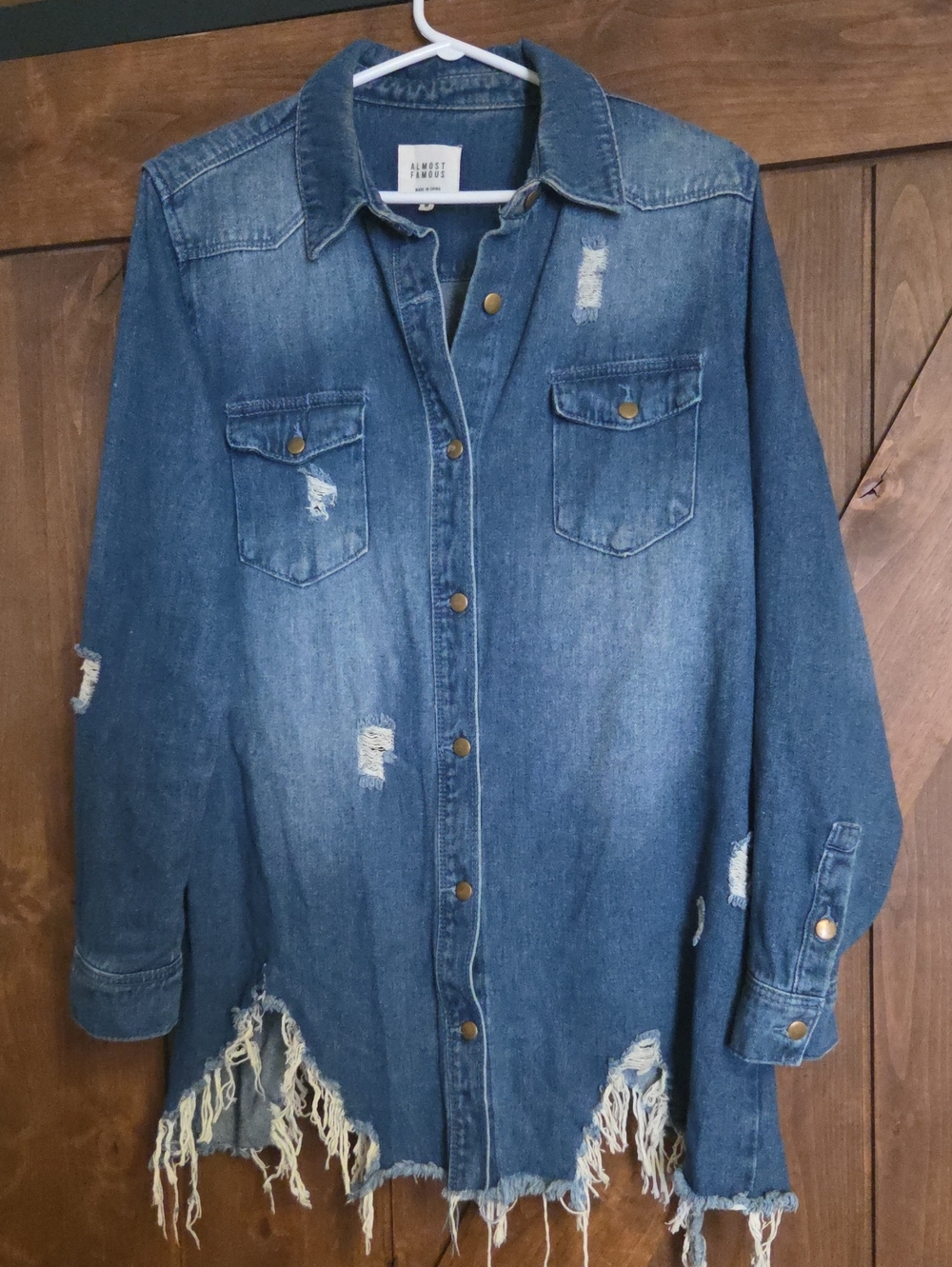 Almost Famous Distressed Blue Denim Shacket with Frayed Hem